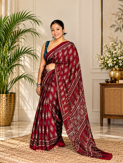 Lovely Maroon Handcrafted Modal Silk Ajrakh Saree