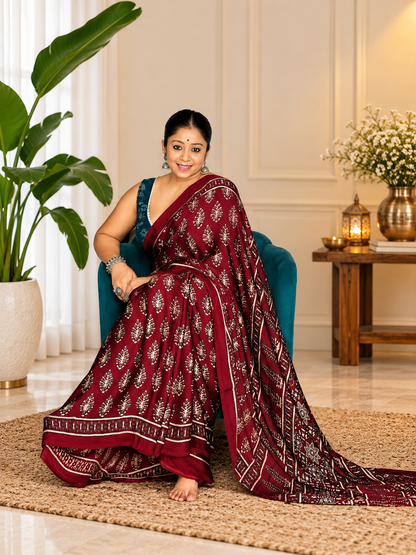 Lovely Maroon Handcrafted Modal Silk Ajrakh Saree