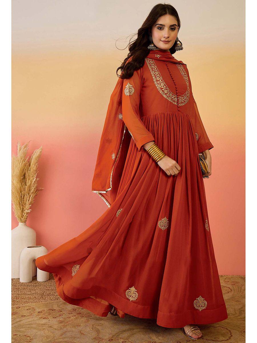 Designer Rust Orange Faux Georgette Embroidered Anarkali Suit Set with Dupatta