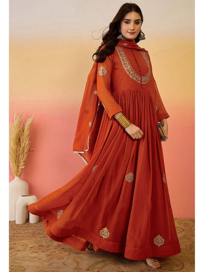 Designer Rust Orange Faux Georgette Embroidered Anarkali Suit Set with Dupatta