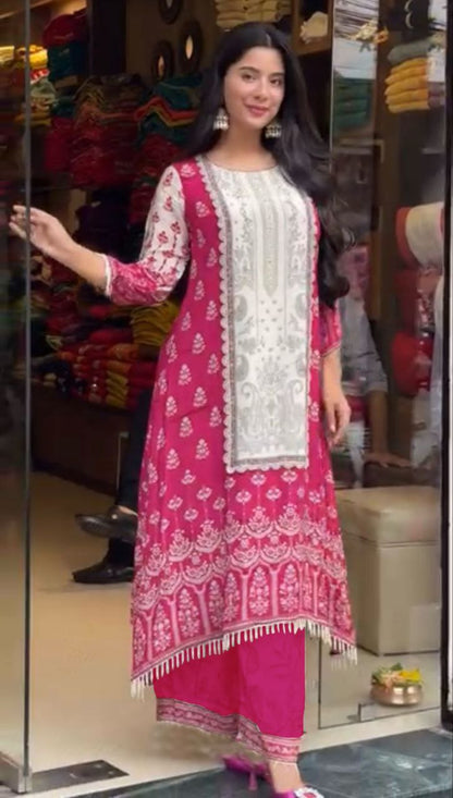 Attractive Rani Pink Chinon Silk A-Line Suit Set with Real Mirror Hand Work