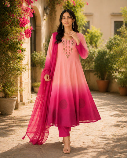 Designer Premium Orange Chiffon Embroidered Anarkali Suit Set
