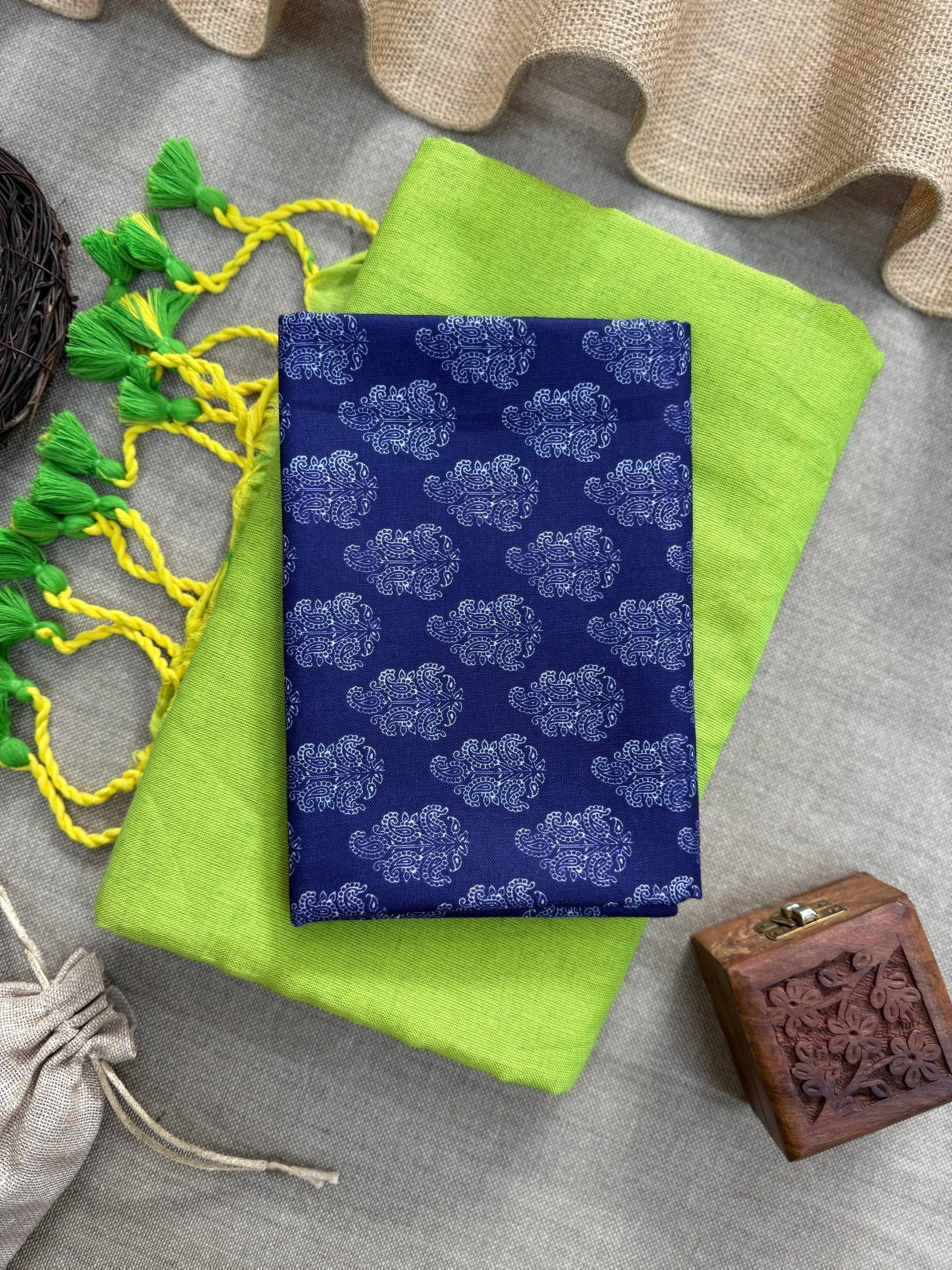 TRENDY - PARROT HANDLOOM COTTON SAREE WITH PRINTED BLOUSE