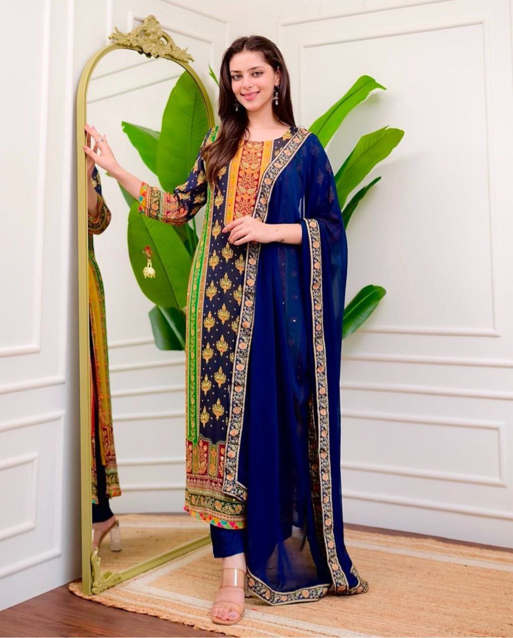 Royal Navy Blue Printed Muslin Suit Set with Embroidered Mustard Yoke