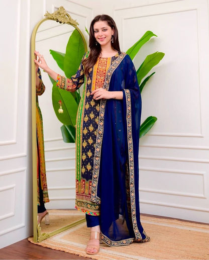 Royal Navy Blue Printed Muslin Suit Set with Embroidered Mustard Yoke