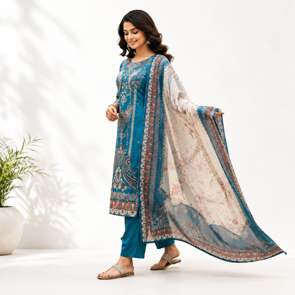 Elegant Teal Blue Chinon Printed Suit Set with Real Mirror Work