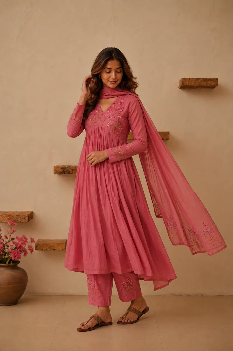 Elegant Pink Floral embroidery Anarkali Style suit Set