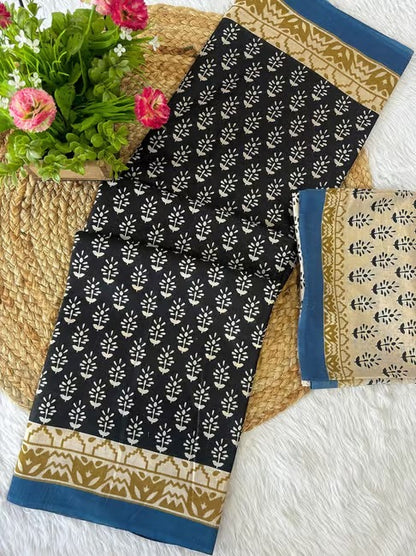 Black Pure Mul Cotton Saree with Bagru Handblock Prints