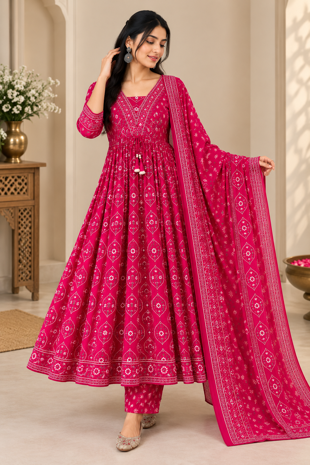 Premium Rani Pink Cotton Anarkali Suit Set