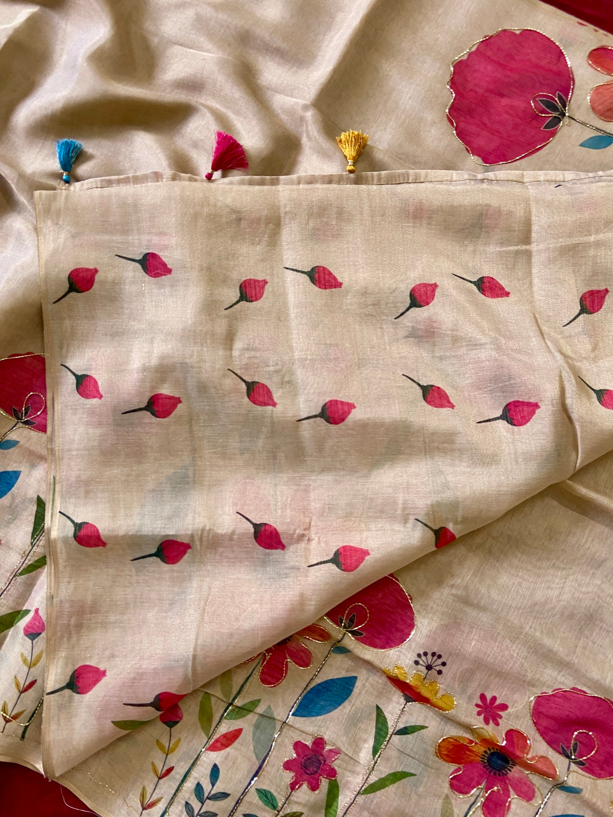 Elegant Beige Floral Handcrafted Aari Work Tissue Silk Saree