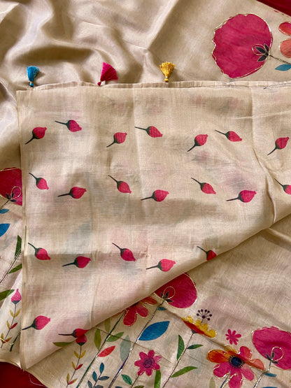 Elegant Beige Floral Handcrafted Aari Work Tissue Silk Saree