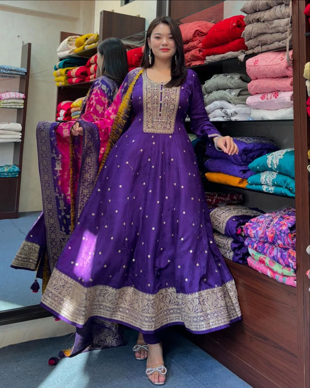 MOST ATTRACTIVE BANANA SILK ANARKALI STYLE SUIT SET