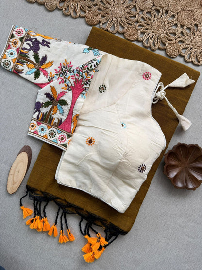 Dharma Exclusive - Mustered Handloom Cotton Saree With Havy Embroidery Stitched Blouse