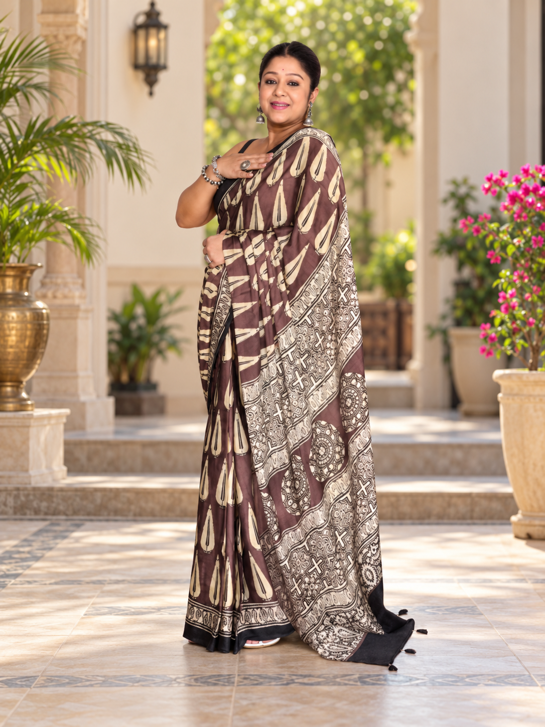 Elegant Brown & Beige Abstract Hand Block Printed Modal Silk Saree
