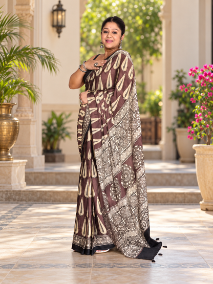 Elegant Brown & Beige Abstract Hand Block Printed Modal Silk Saree