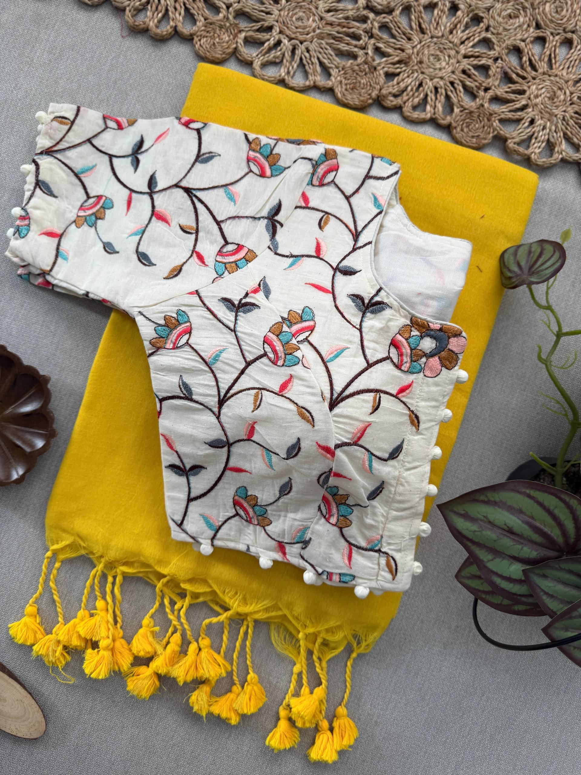 Yellow Handloom Cotton Saree With Havy Embroidery Stitched Blouse