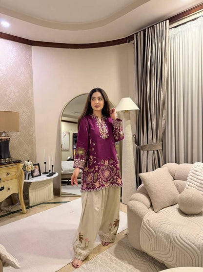 Very Attractive Magenta Floral Embroidered French Crepe Tunic Set