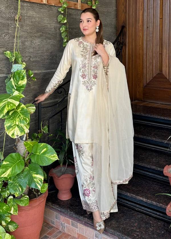 Elegant French Crepe Embroidered Suit Set with Dupatta