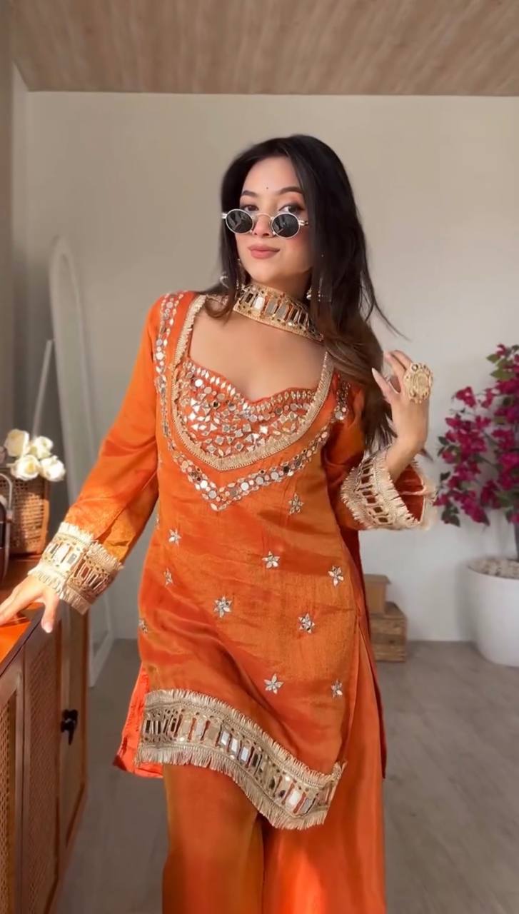 Rust Orange Fendy Silk Mirror Work Festive Suit Set