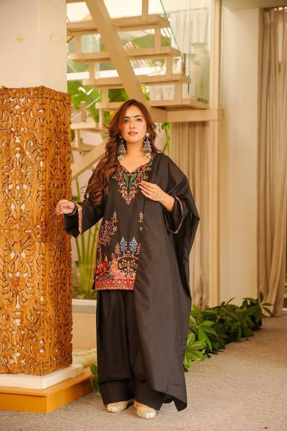 Very Attractive Jet Black Roman Silk Printed Salwar Suit Set