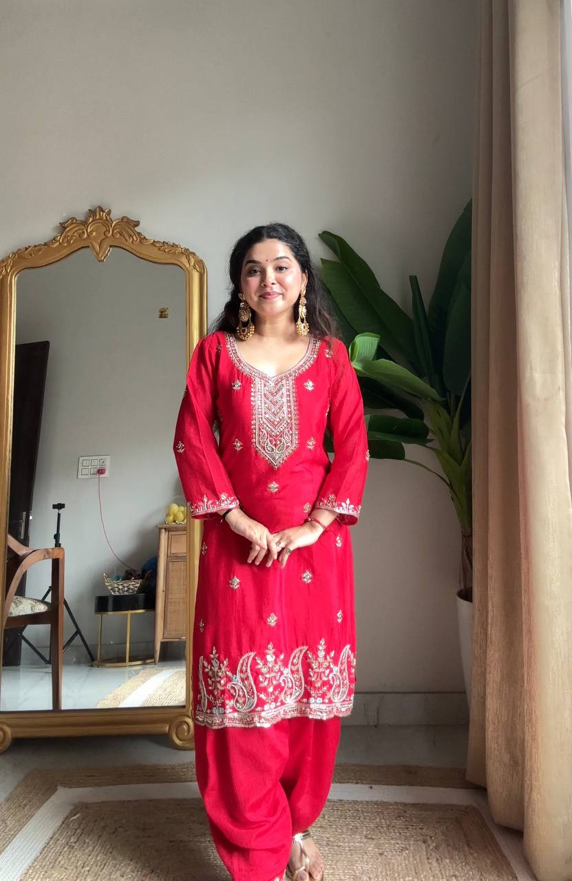 Ruby Red Chinon Silk Embroidered Salwar Suit Set with Sequin Work