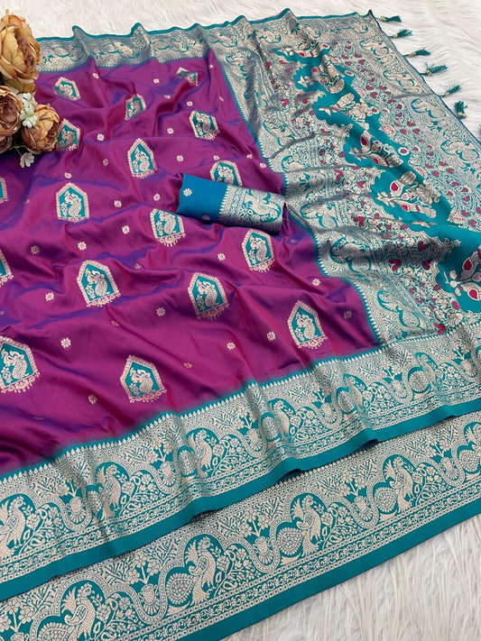 Royal Rani Purple Silk Saree with Peacock Blue Zari Border