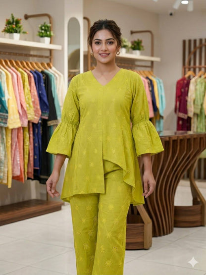New Designer Lime Green Embroidered Cotton Co-ord Set