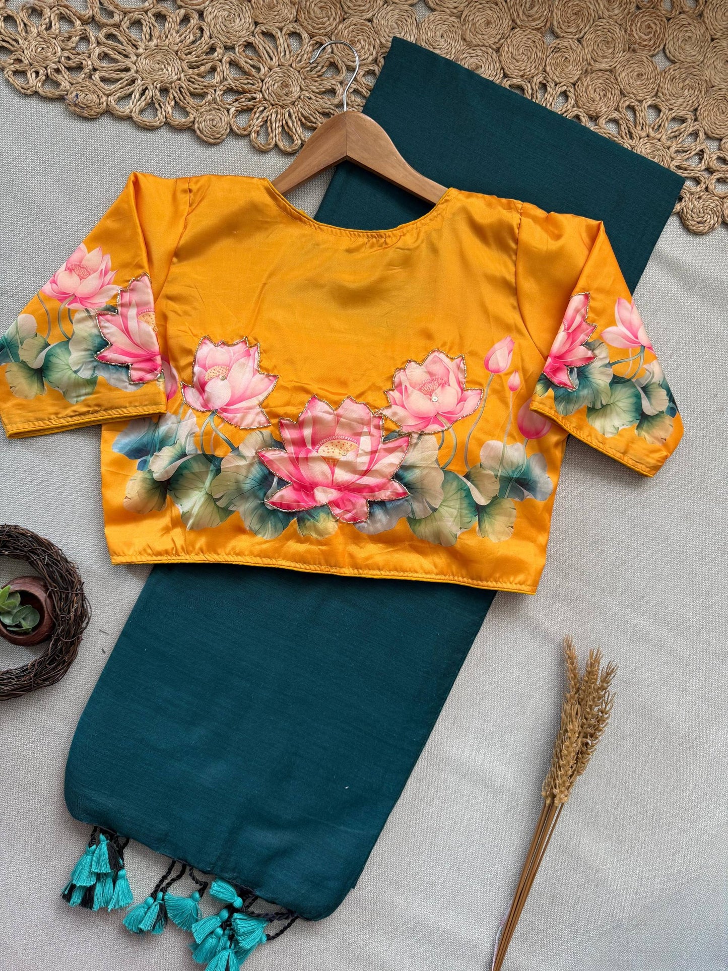 Attractive - Rama Handloom Cotton Saree With Havy Handwork Stitched Blouse