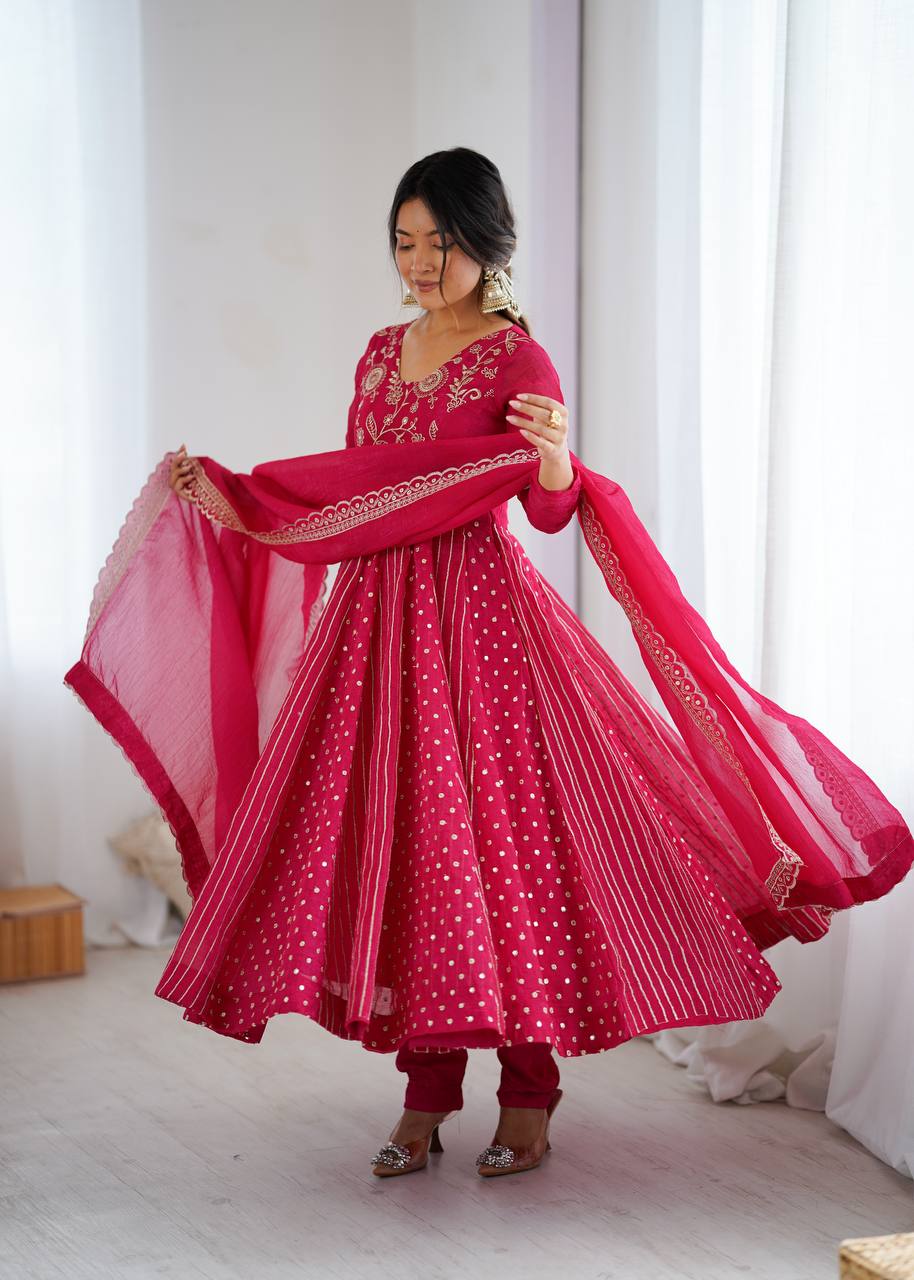 Vibrant Rani Pink Crunchy Silk Anarkali Suit Set with Floral Embroidery