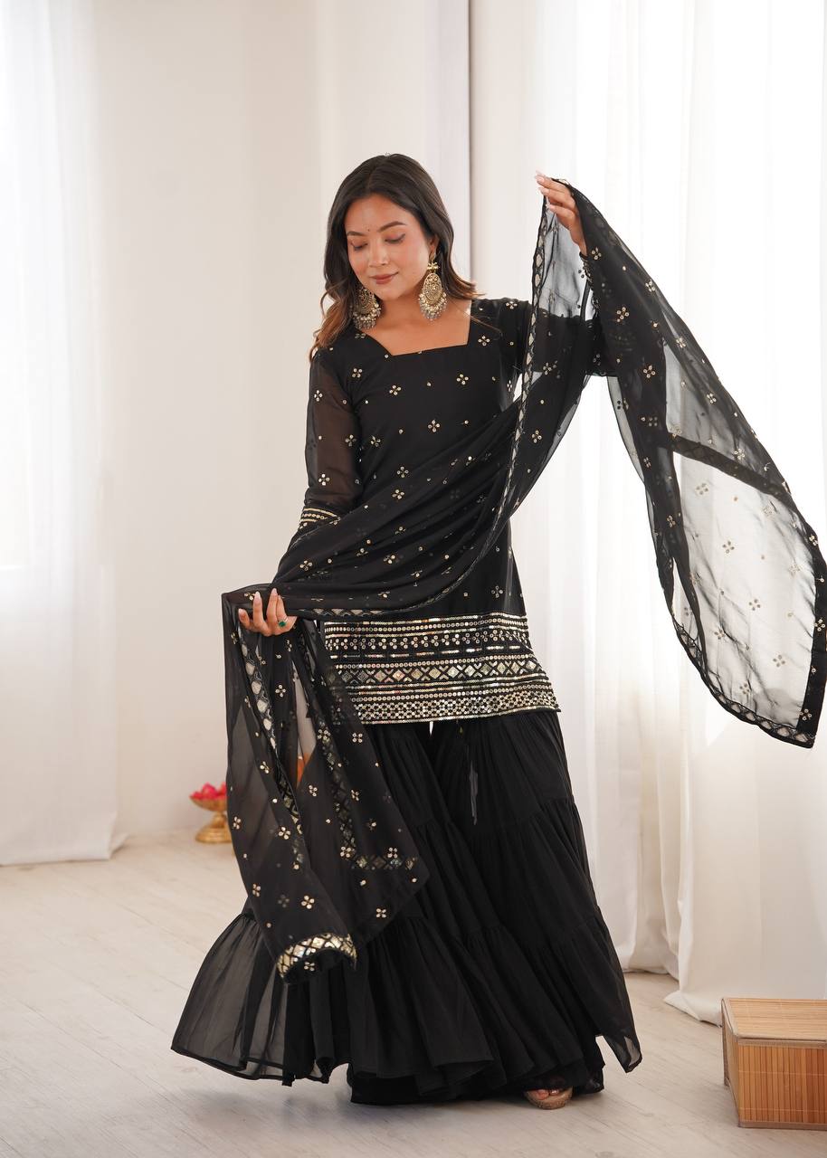 Black Pure Heavy Georgette Embroidery Sharara Suit Set