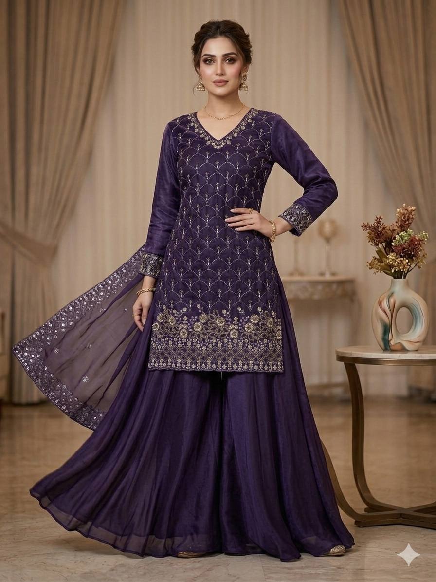 New Designer Purple Fandy Silk Embroidered Suit Set with Organza Dupatta