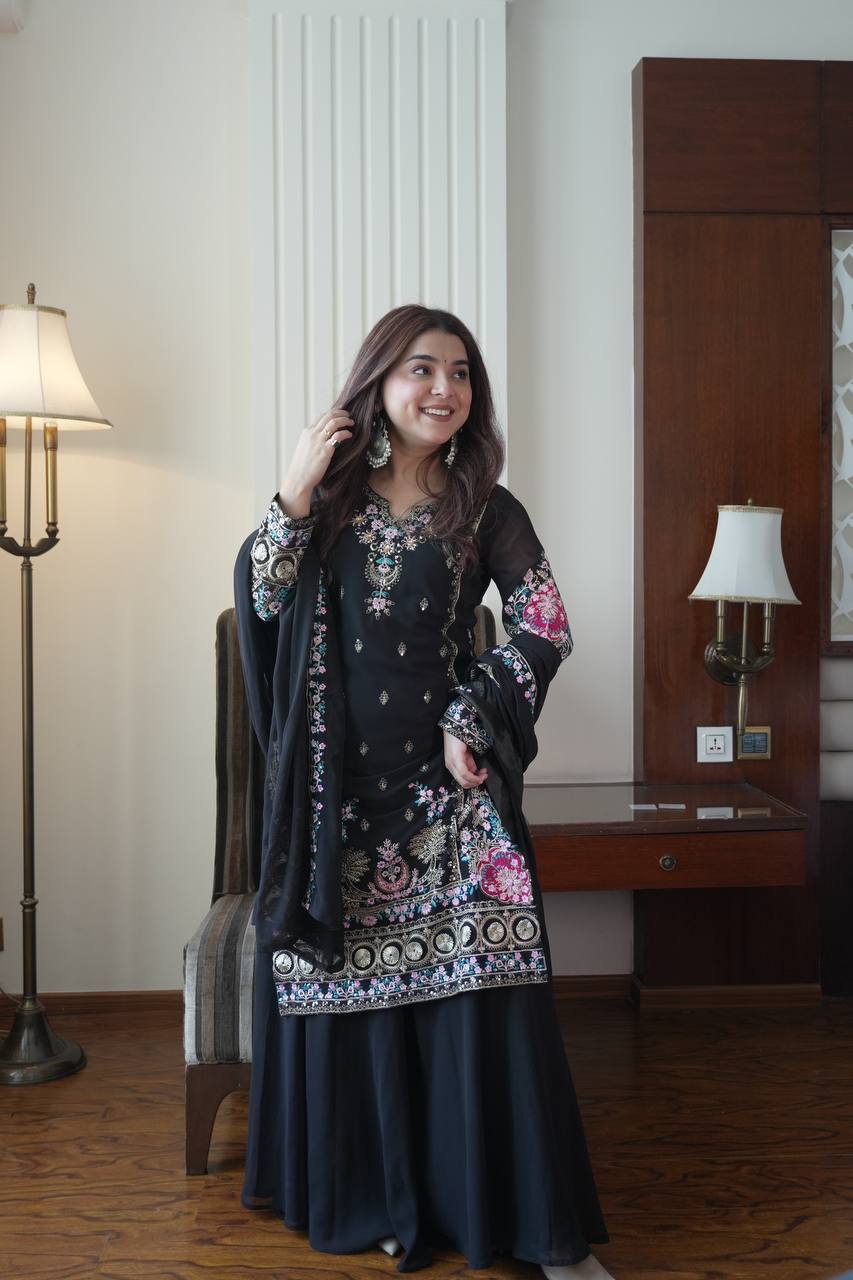 Elegant Black Fox Georgette Designer Suit Set With Embroidery Dupatta