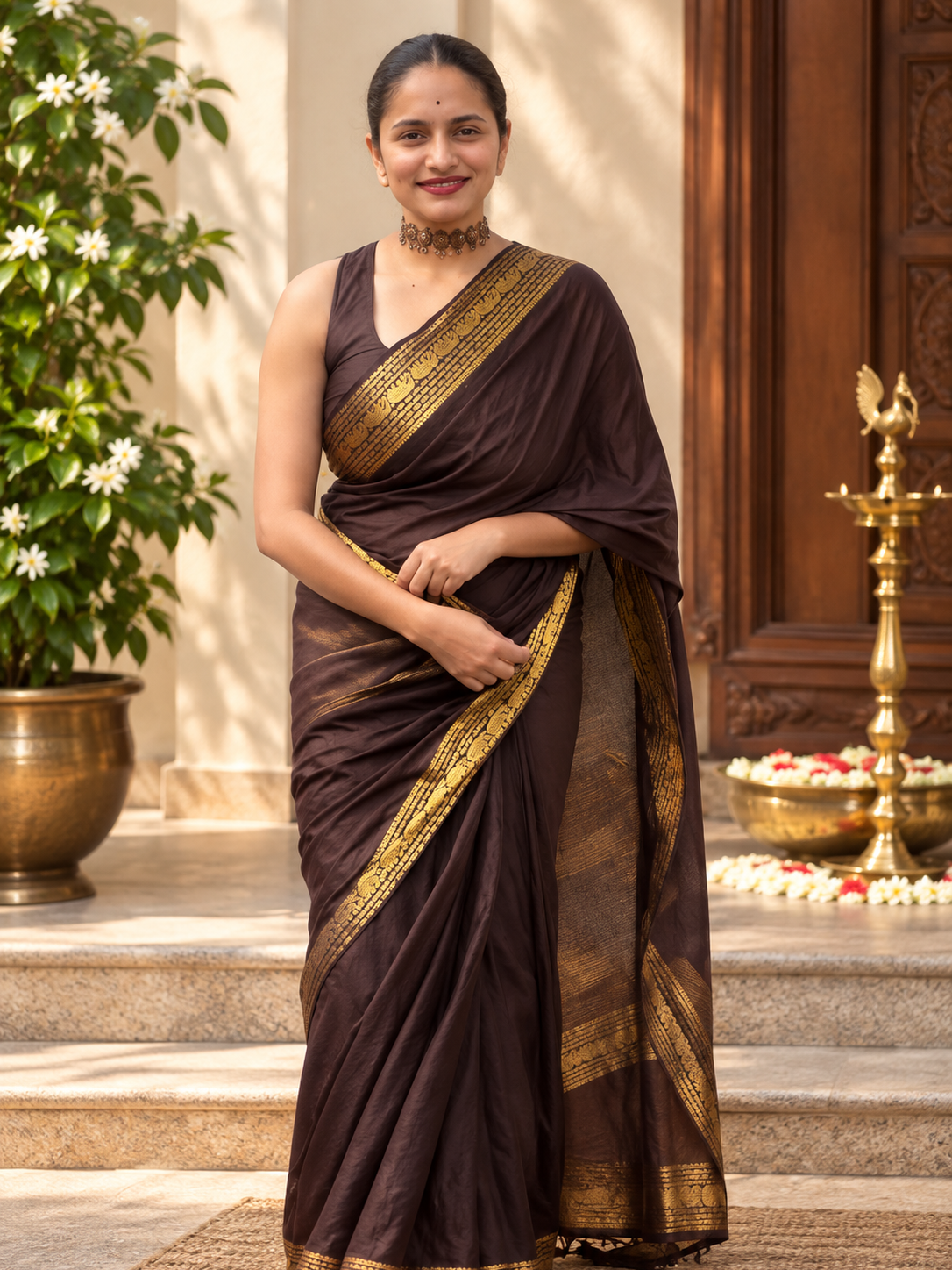 Elegant Dark Brown Kanjivaram Soft Silk Festive Saree