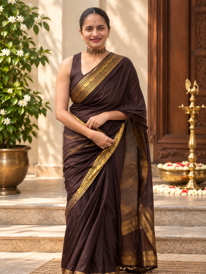 Elegant Dark Brown Kanjivaram Soft Silk Festive Saree