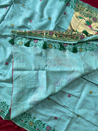Premium Muga Cotton Paithani Saree with Woven Deer Motif