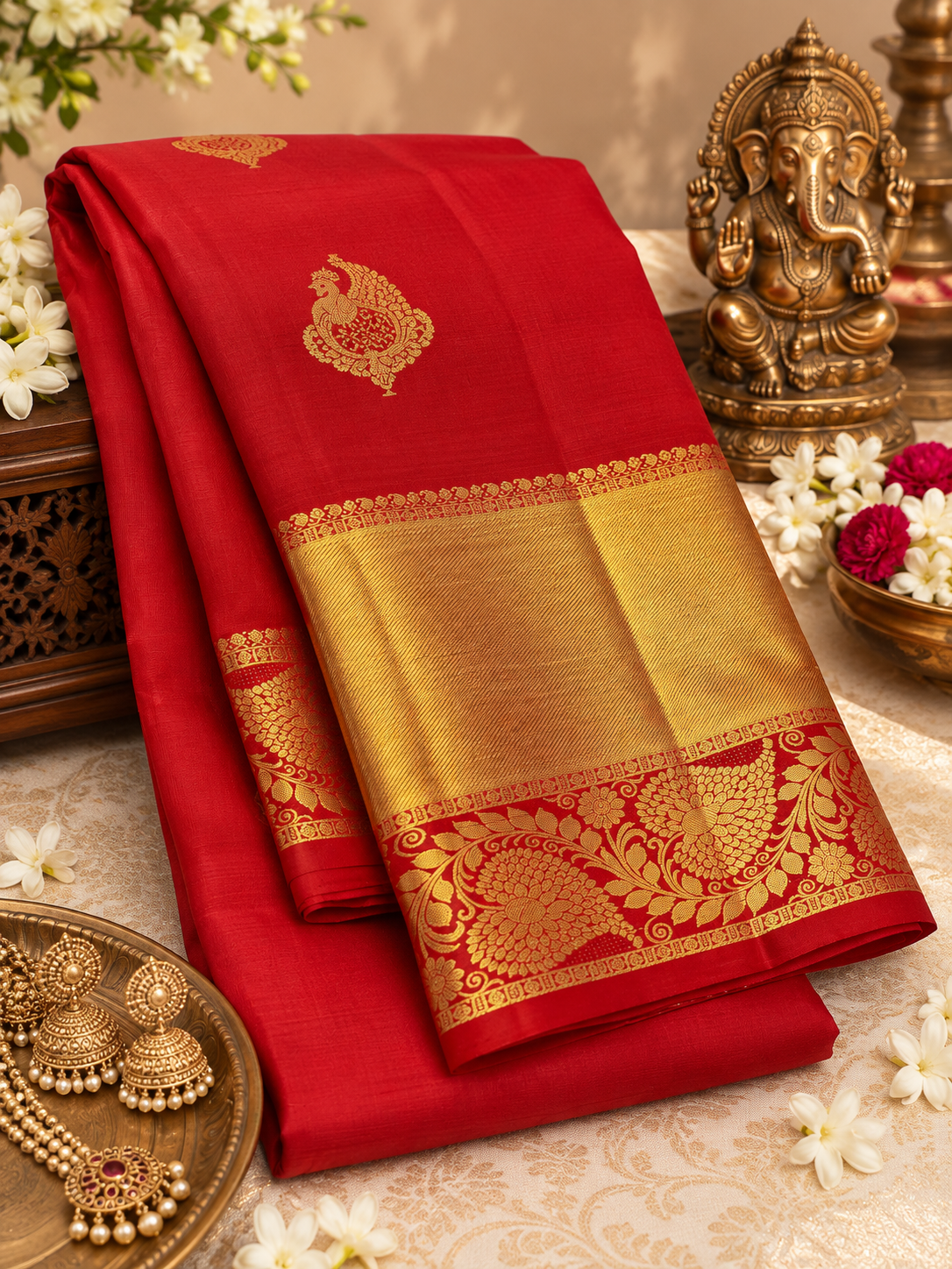 Premium Red Handwoven Pure Silk Saree with Korvai Gold Border
