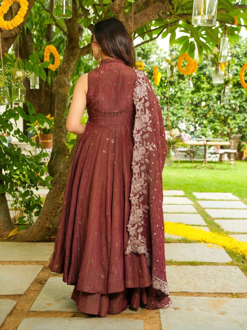 Elegant Brown Crunchy Silk Embroidered Anarkali Suit Set With Dupatta