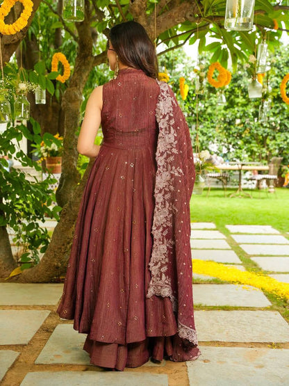 Elegant Brown Crunchy Silk Embroidered Anarkali Suit Set With Dupatta