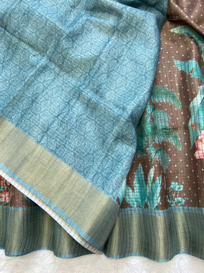 Trendy Coffee Brown & Aqua Floral Soft Tussar Silk Saree