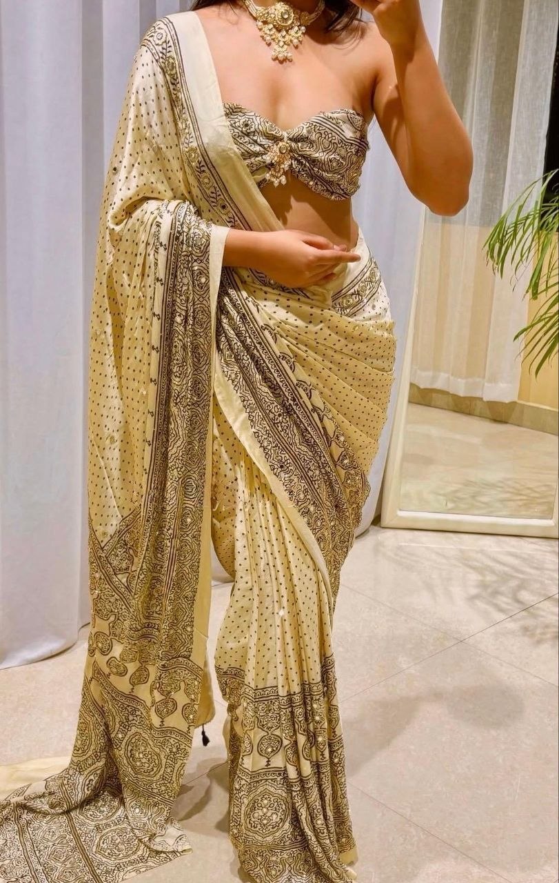 Vamika Ivory Ajrakh Handcrafted Pure Gajji Silk Saree