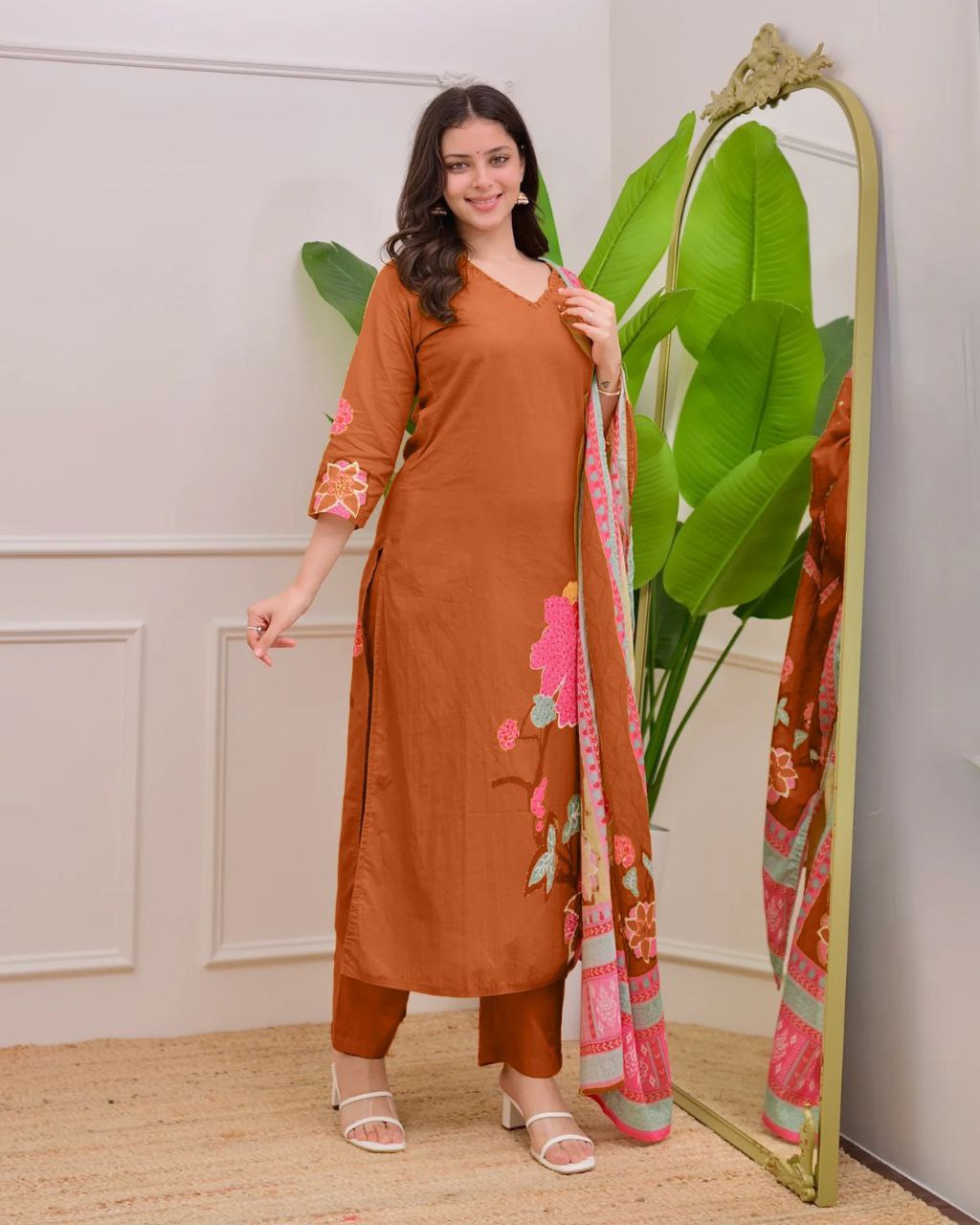 Designer Brown Soft Muslin Salwar Suit with Big Digital Floral Applique Print
