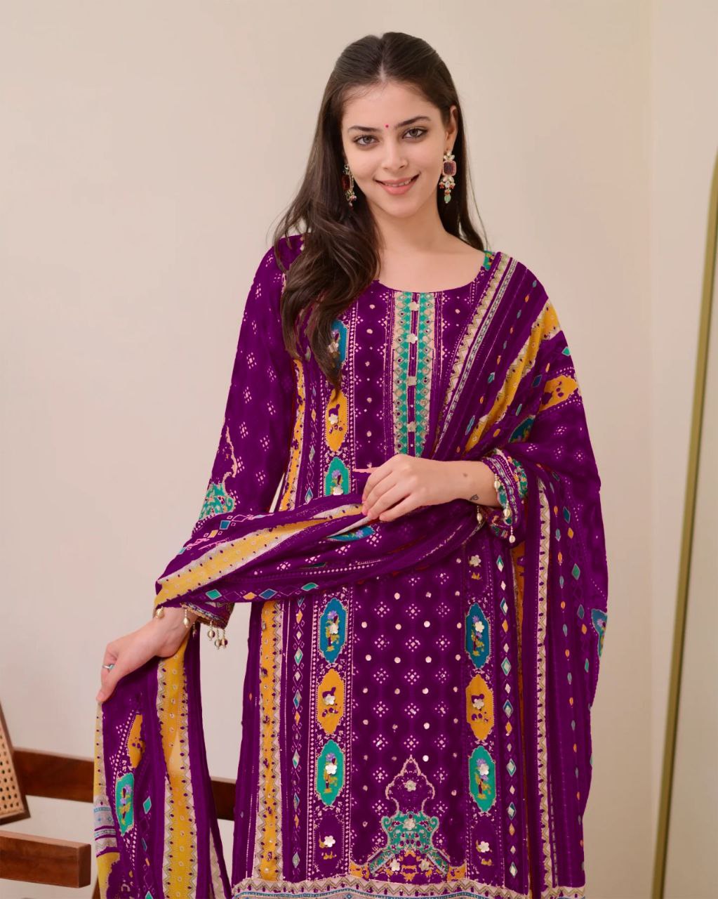 Premium Violet Printed Chinon Suit Set with Fancy Mirror Work