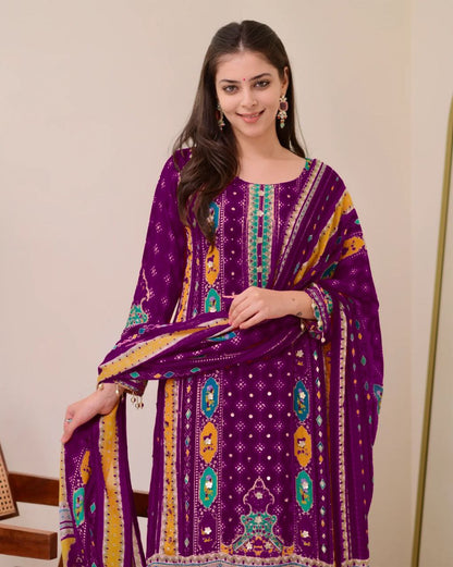 Premium Violet Printed Chinon Suit Set with Fancy Mirror Work
