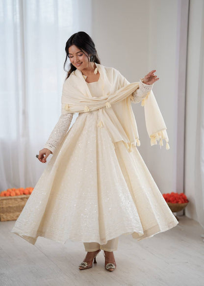 Elegant Off-White Pure Kora Cotton Anarkali Suit Set