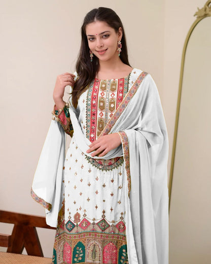 Elegant White Printed Muslin Suit Set with Sequin Embroidery Work
