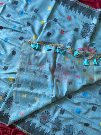 Very Attractive Slate Blue Floral Woven Soft Muga Cotton Saree