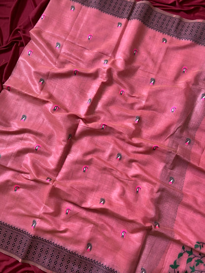 Premium Pink Soft Jamdani Cotton Saree with 3D Woven Peacock Pallu