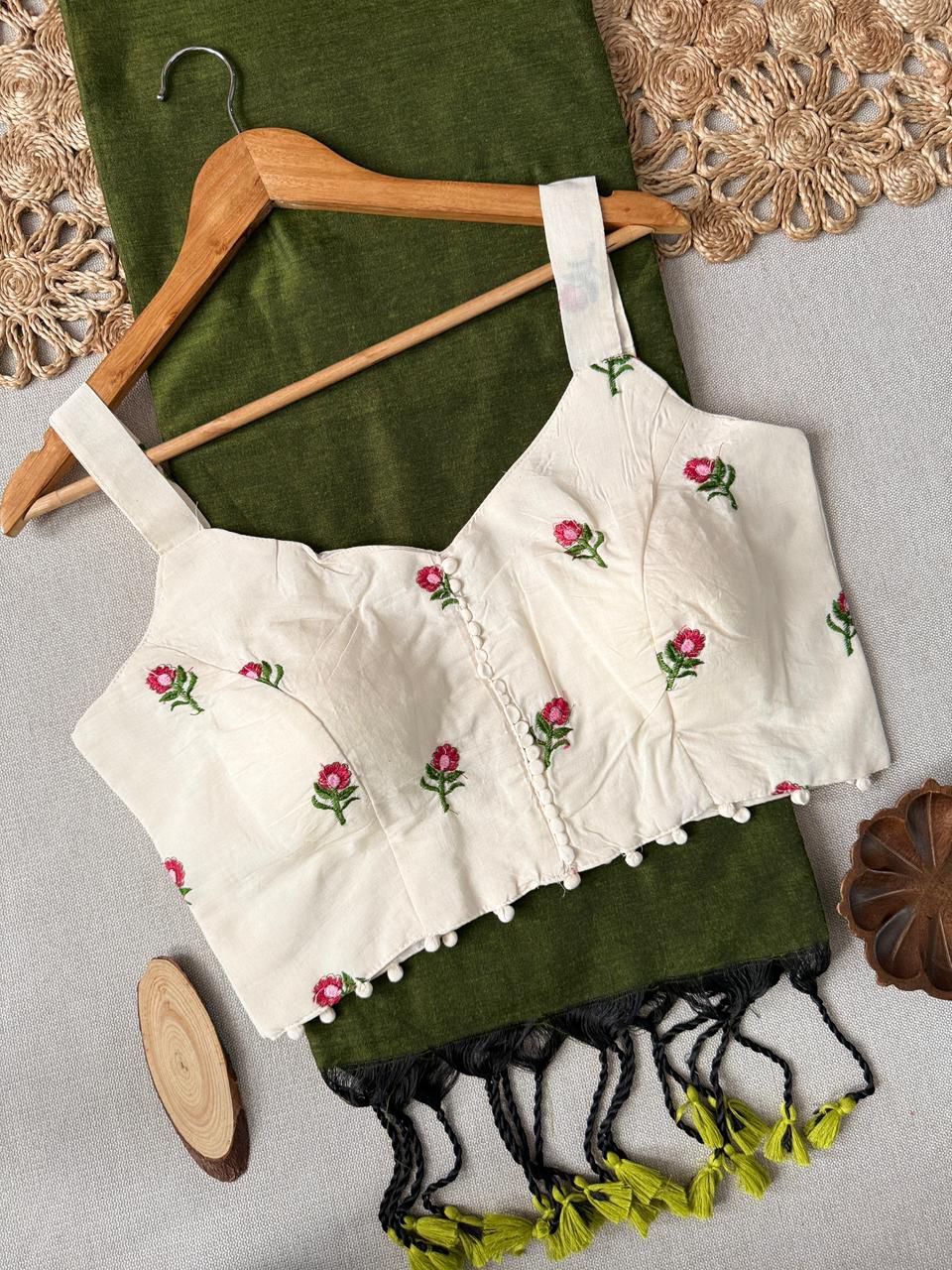 Dharma Exclusive - Green Handloom Cotton Saree With Havy Embroidery Stitched Blouse