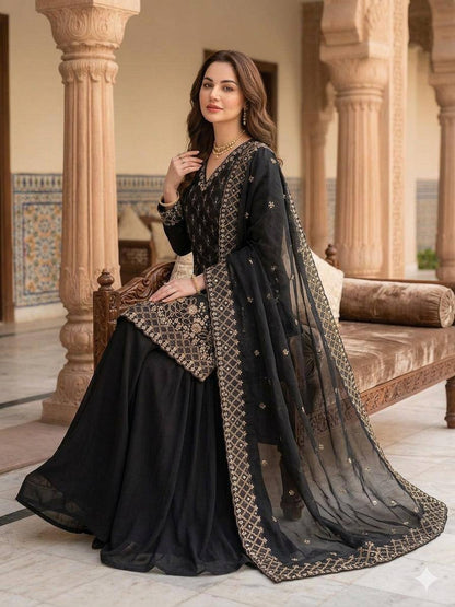 Elegant Black Embroidered Fendy Fabric Sharara Set with Sheer Dupatta