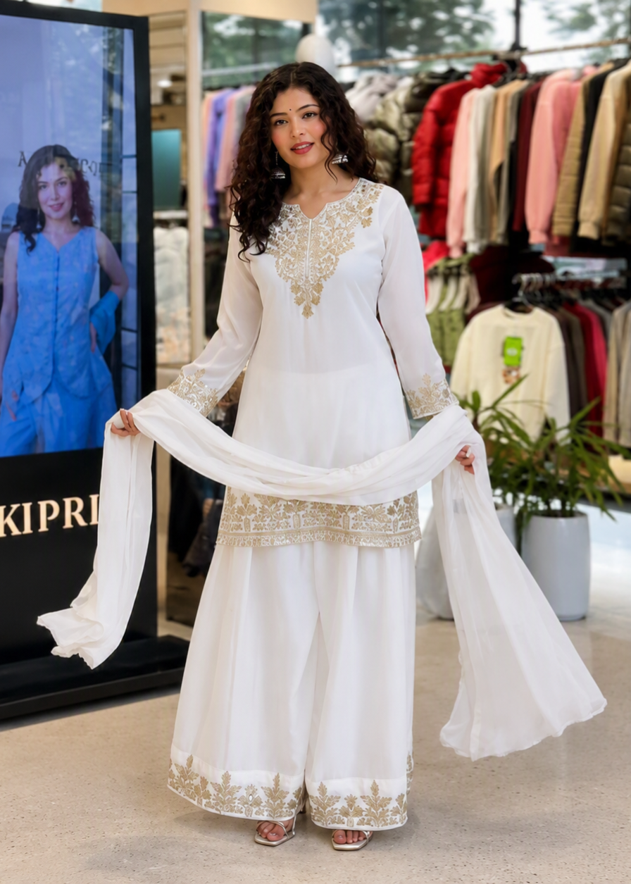 Very Attractive White Fandy Silk Embroidered Suit Set with Dupatta